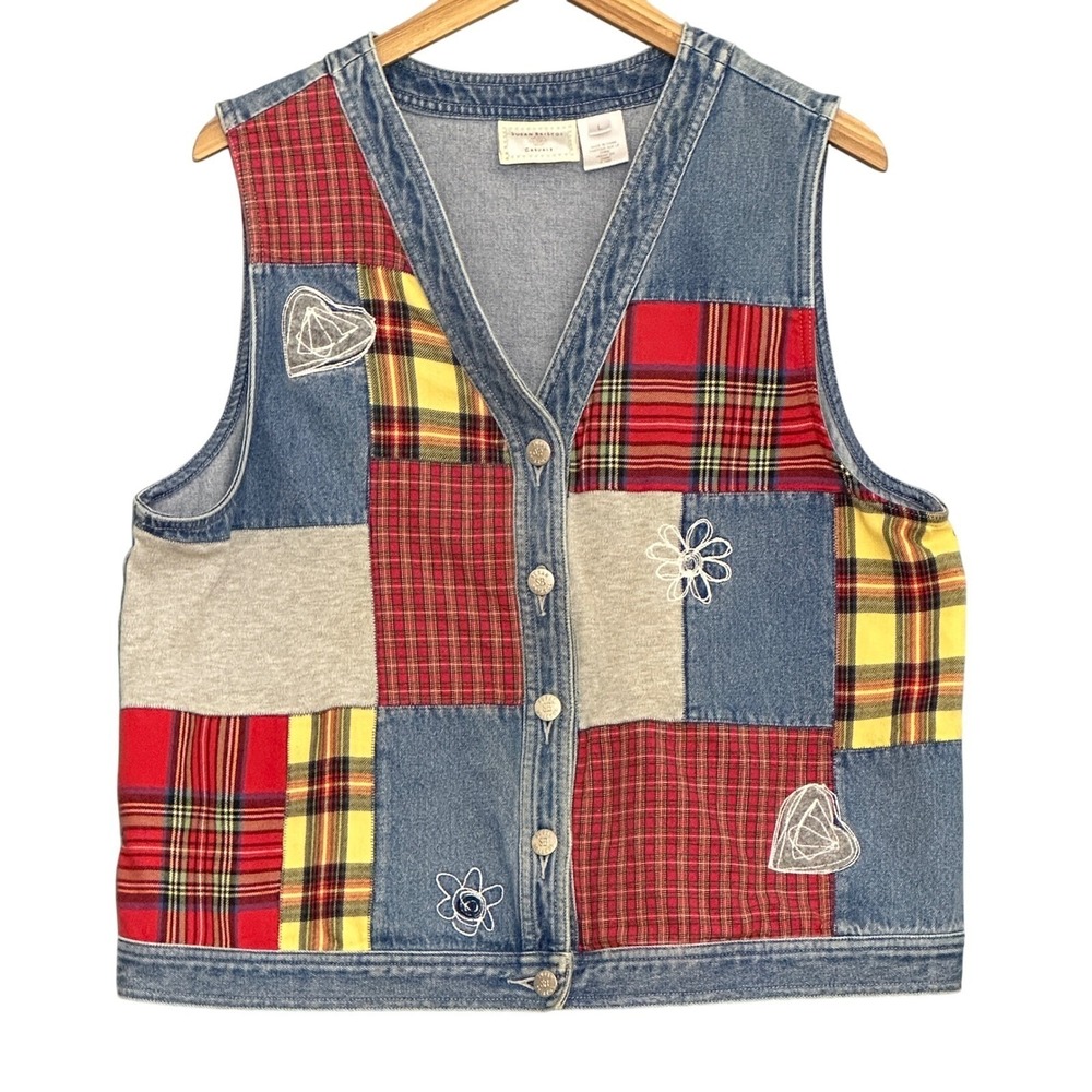 VTG 1999 Womens Vest L Denim Plaid Patchwork Country Western Art Teacher Grandma